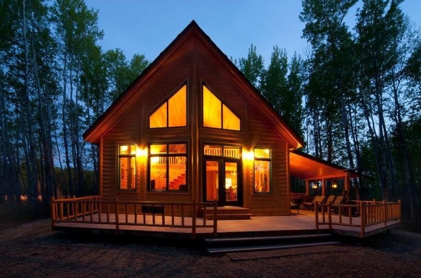 Cabin with lights on